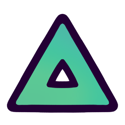 A drawing of a green equilateral triangle with slightly rounded edges and small triangular hole in the center. It is outlined in very dark purple and is colored with a swirly gradient of a few slightly different shades of green